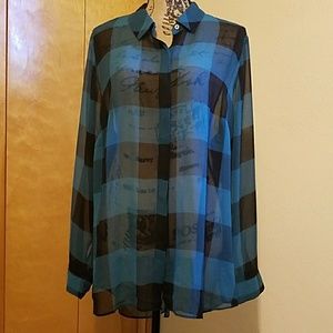 Sheer Teal & Black buffalo check blouse with tails